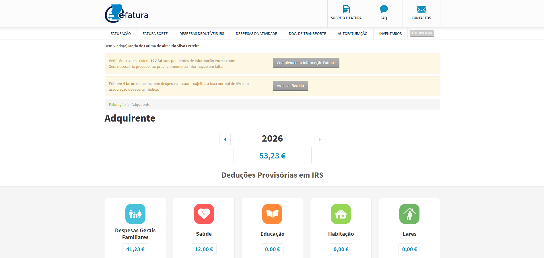 Resumo de deduções provisórias em IRS com categorias Despesas Gerais, Saúde, Educação, etc.