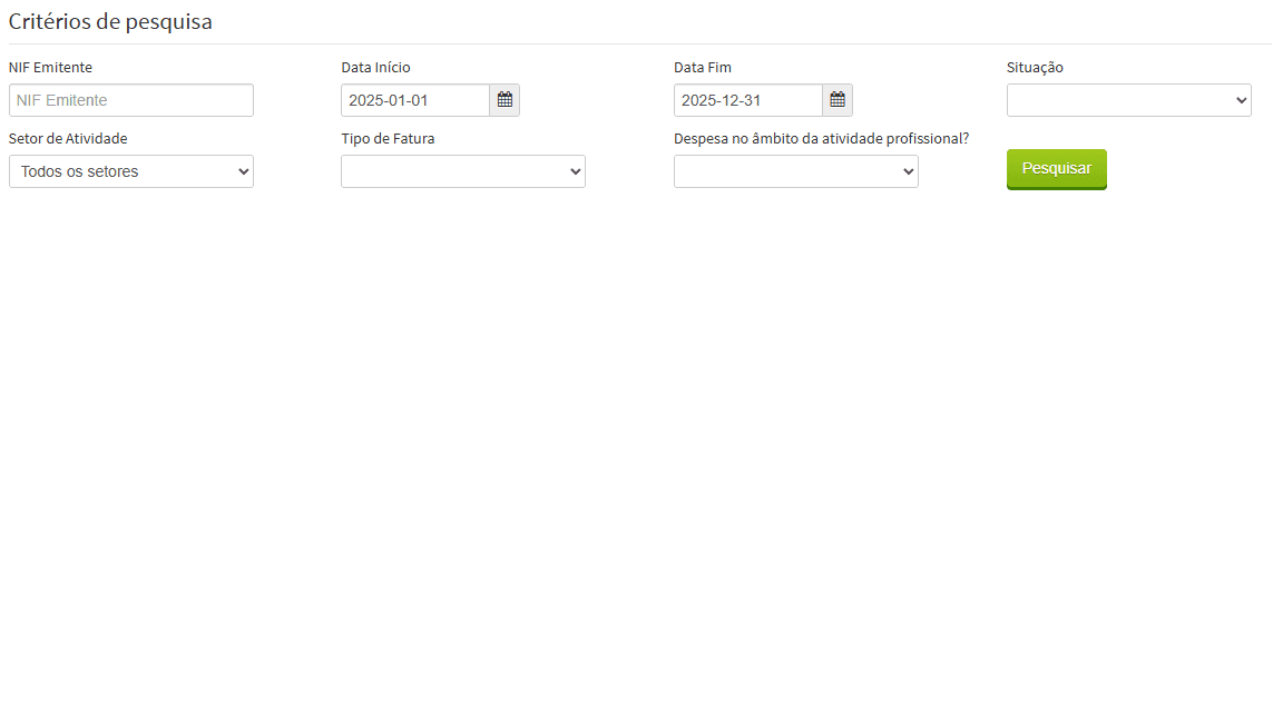 Formulário de pesquisa de faturas com filtros por NIF, datas e setor